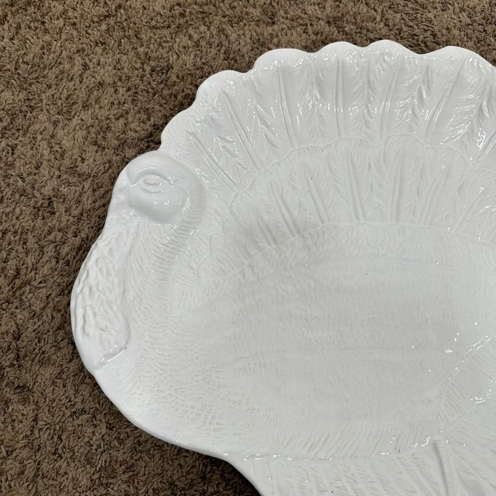 Vintage White Ceramic Turkey Serving Platter Embossed Thanksgiving Holiday Large
